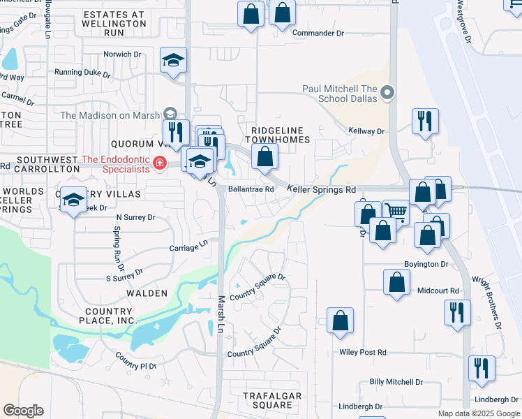 map of restaurants, bars, coffee shops, grocery stores, and more near 2116 Marsh Lane in Carrollton