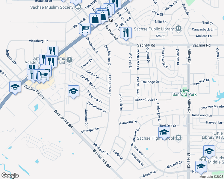map of restaurants, bars, coffee shops, grocery stores, and more near 4912 Lee Hutson Lane in Sachse