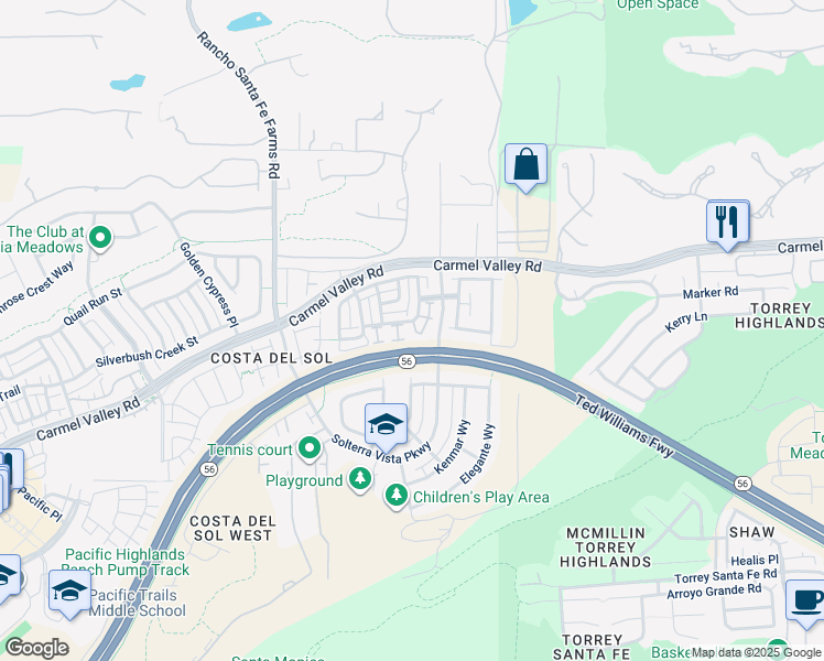 map of restaurants, bars, coffee shops, grocery stores, and more near 6731 Torenia Trail in San Diego