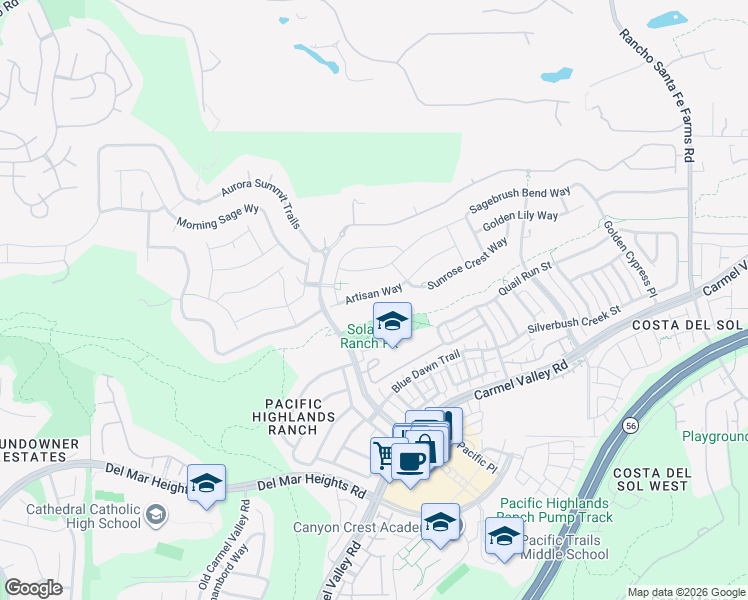 map of restaurants, bars, coffee shops, grocery stores, and more near 6144 Artisan Way in San Diego