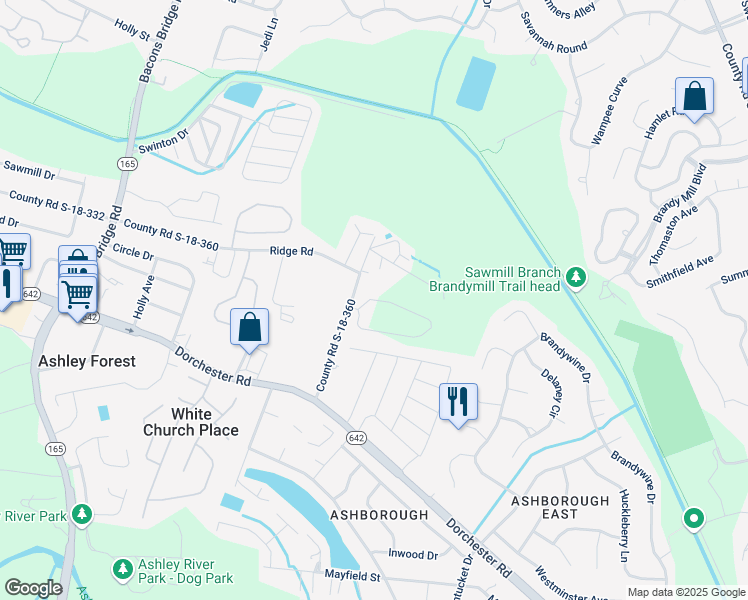 map of restaurants, bars, coffee shops, grocery stores, and more near 184 Shady Lane in Summerville