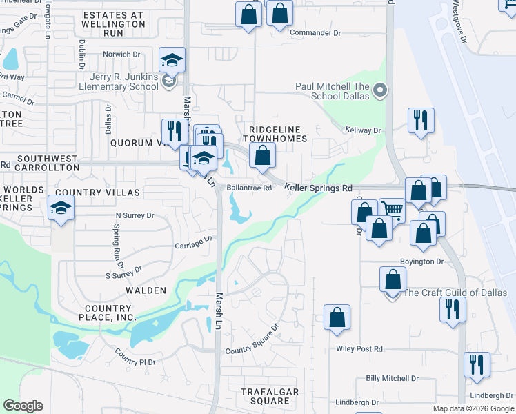 map of restaurants, bars, coffee shops, grocery stores, and more near 2116 Marsh Lane in Carrollton