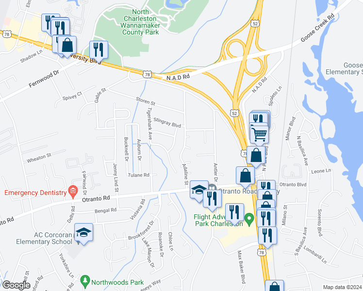 map of restaurants, bars, coffee shops, grocery stores, and more near 8777 Adaline Street in North Charleston