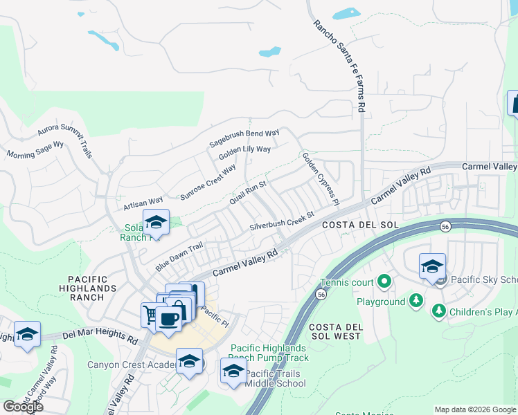 map of restaurants, bars, coffee shops, grocery stores, and more near 13576 Lopelia Meadows Place in San Diego
