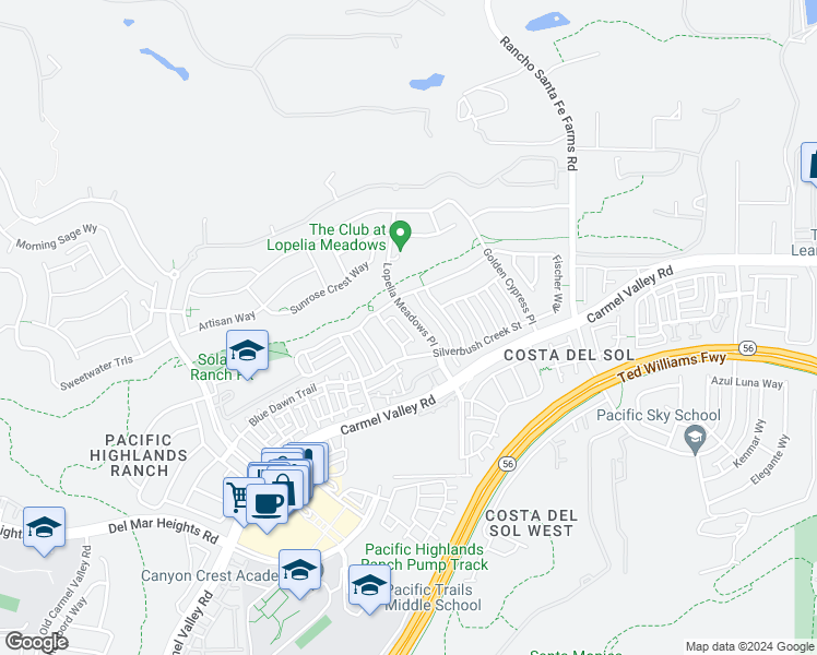 map of restaurants, bars, coffee shops, grocery stores, and more near 13576 Lopelia Meadows Place in San Diego