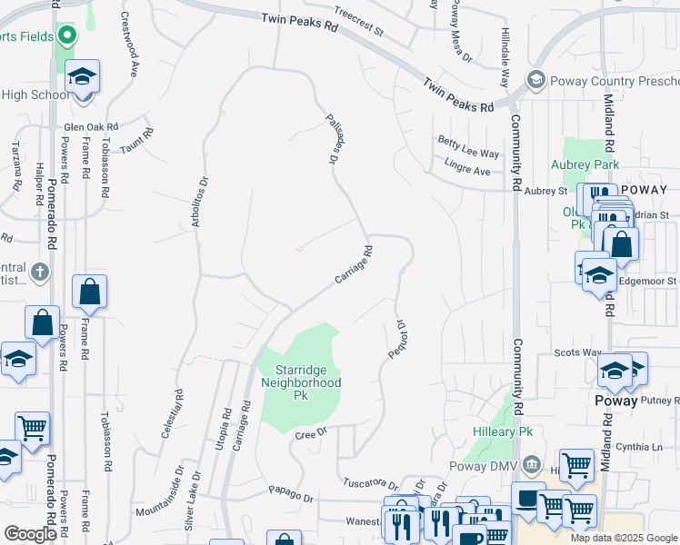 map of restaurants, bars, coffee shops, grocery stores, and more near 13958 Carriage Road in Poway
