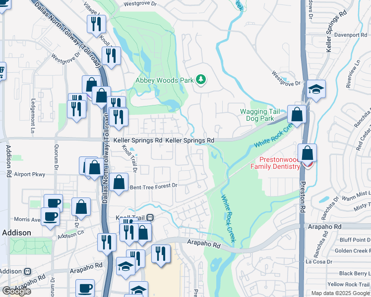 map of restaurants, bars, coffee shops, grocery stores, and more near 5310 Bent Tree Forest Circle in Dallas