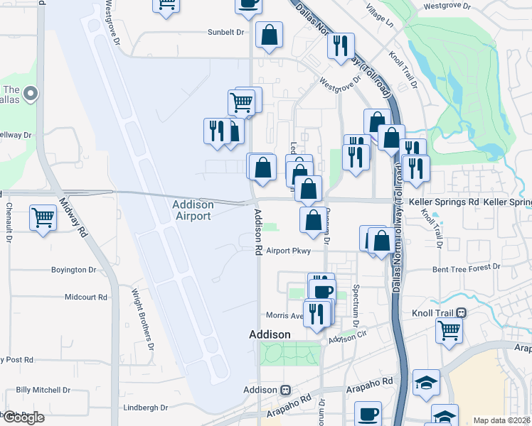 map of restaurants, bars, coffee shops, grocery stores, and more near 4800 Keller Springs Road in Addison