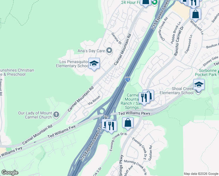 map of restaurants, bars, coffee shops, grocery stores, and more near 14148 Caminito Quevedo in San Diego