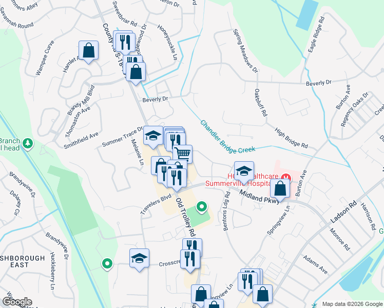 map of restaurants, bars, coffee shops, grocery stores, and more near 309 Dupont Way in Summerville
