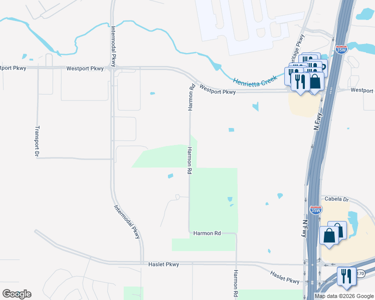 map of restaurants, bars, coffee shops, grocery stores, and more near 410 Harmon Road in Fort Worth