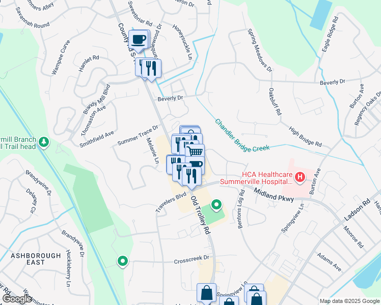 map of restaurants, bars, coffee shops, grocery stores, and more near 1525 Old Trolley Road in Summerville