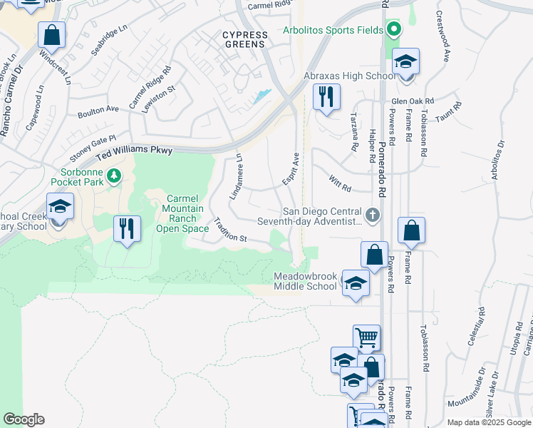 map of restaurants, bars, coffee shops, grocery stores, and more near 12224 Mulholland Court in San Diego