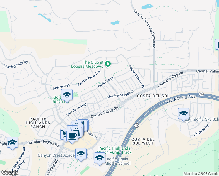map of restaurants, bars, coffee shops, grocery stores, and more near 13580 Lopelia Meadows Place in San Diego