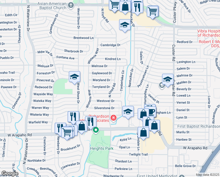 map of restaurants, bars, coffee shops, grocery stores, and more near 703 Terryland Drive in Richardson