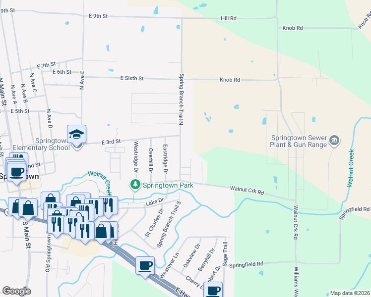 map of restaurants, bars, coffee shops, grocery stores, and more near 206 Spring Branch Trail North in Springtown