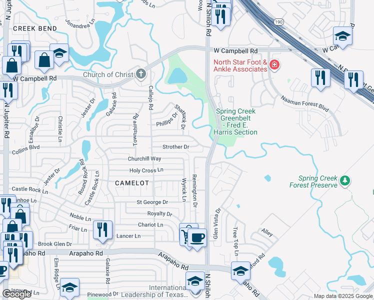 map of restaurants, bars, coffee shops, grocery stores, and more near 2609 Strother Drive in Garland