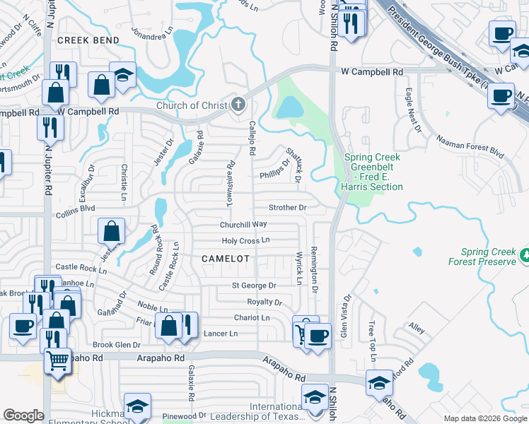 map of restaurants, bars, coffee shops, grocery stores, and more near 2709 Strother Drive in Garland