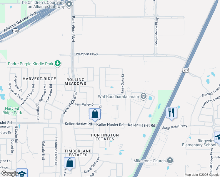map of restaurants, bars, coffee shops, grocery stores, and more near 13112 Upland Meadow Court in Fort Worth