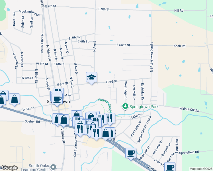 map of restaurants, bars, coffee shops, grocery stores, and more near 624 East 3rd Street in Springtown