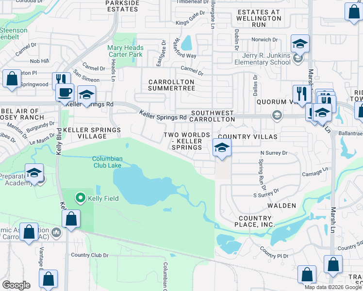 map of restaurants, bars, coffee shops, grocery stores, and more near 2016 Via Miramonte in Carrollton
