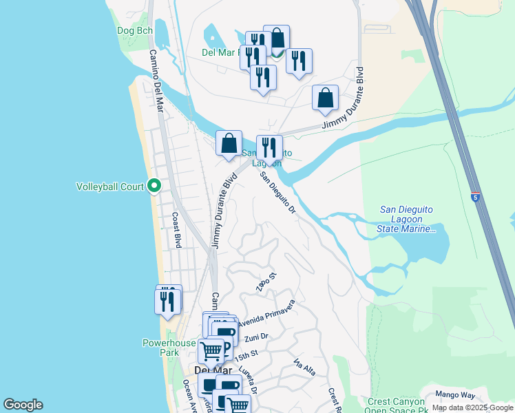 map of restaurants, bars, coffee shops, grocery stores, and more near 2160 Balboa Avenue in Del Mar