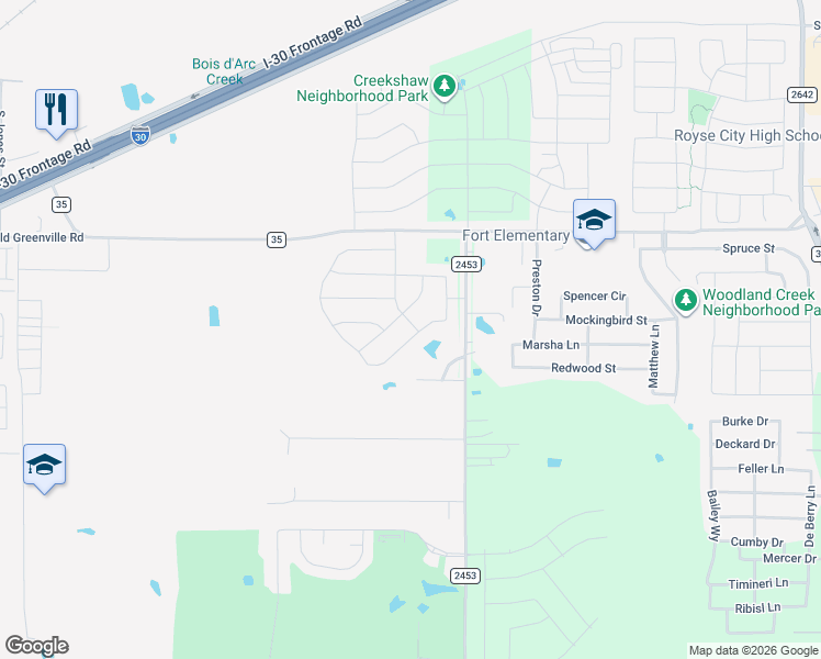 map of restaurants, bars, coffee shops, grocery stores, and more near 334 Sweetspire Drive in Royse City