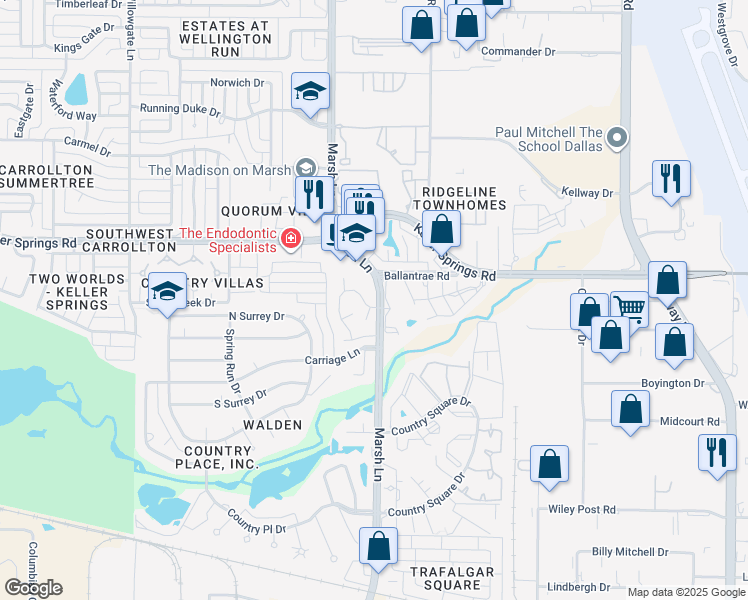 map of restaurants, bars, coffee shops, grocery stores, and more near 5 Marsh Lane in Carrollton