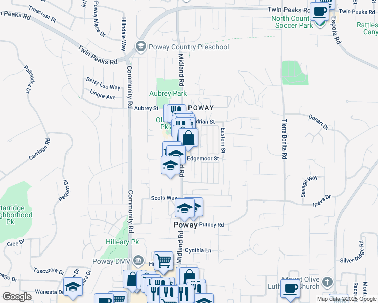map of restaurants, bars, coffee shops, grocery stores, and more near 14043 Midland Road in Poway