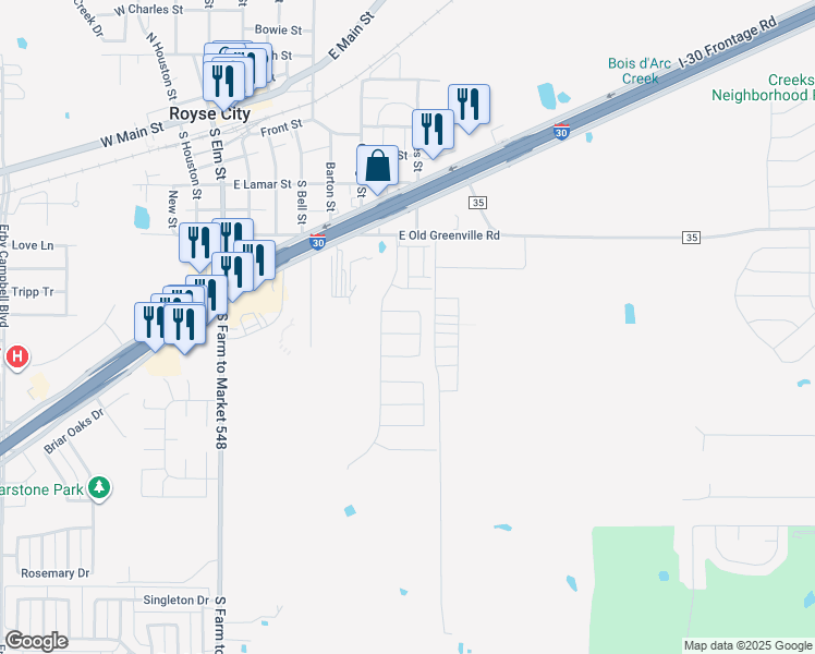 map of restaurants, bars, coffee shops, grocery stores, and more near 928 Cemetery Road in Royse City