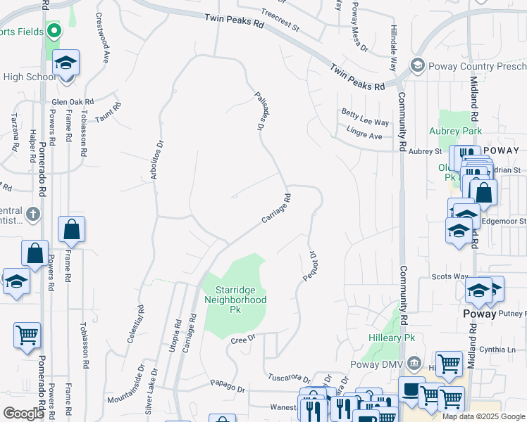 map of restaurants, bars, coffee shops, grocery stores, and more near 13958 Carriage Road in Poway