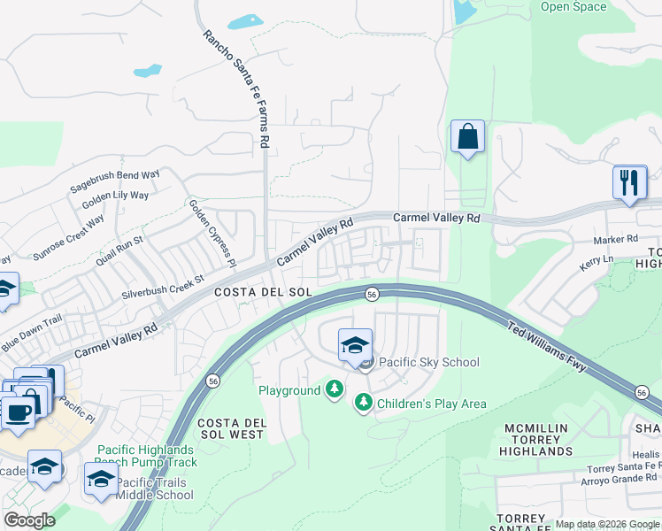 map of restaurants, bars, coffee shops, grocery stores, and more near 13596 Morado Trail in San Diego
