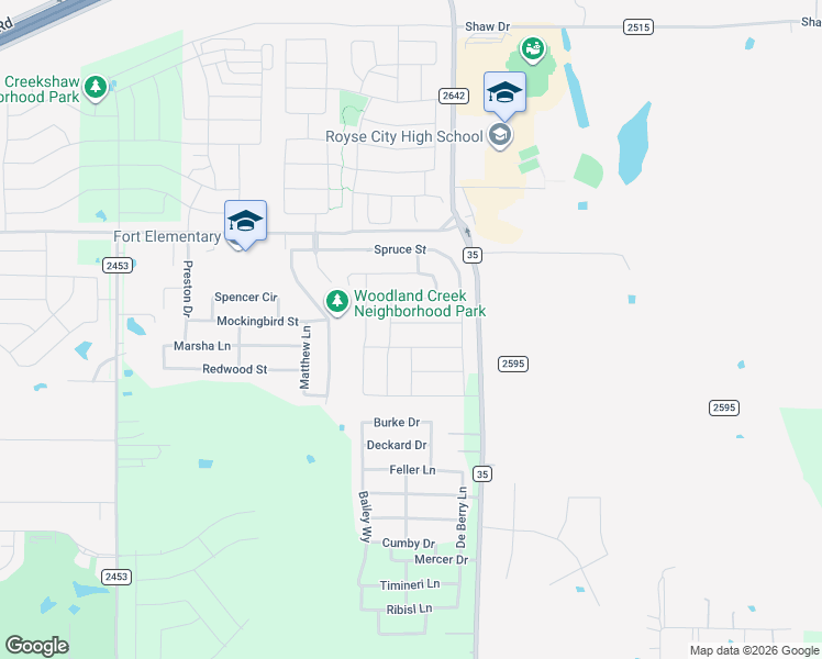 map of restaurants, bars, coffee shops, grocery stores, and more near 3316 Fort Street in Royse City