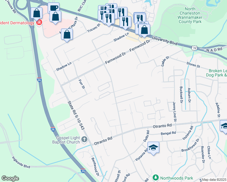 map of restaurants, bars, coffee shops, grocery stores, and more near 8903 Deerwood Drive in North Charleston