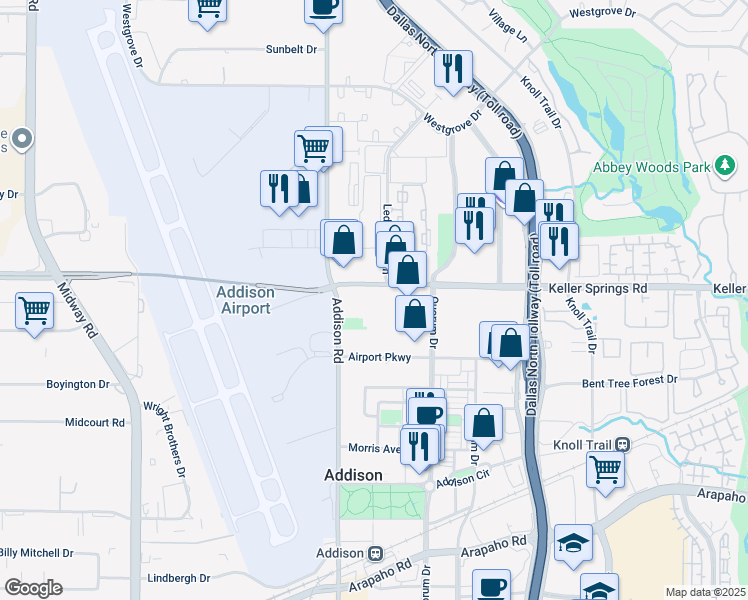 map of restaurants, bars, coffee shops, grocery stores, and more near in Addison
