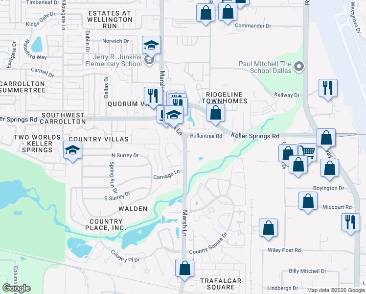 map of restaurants, bars, coffee shops, grocery stores, and more near 5 Marsh Lane in Carrollton