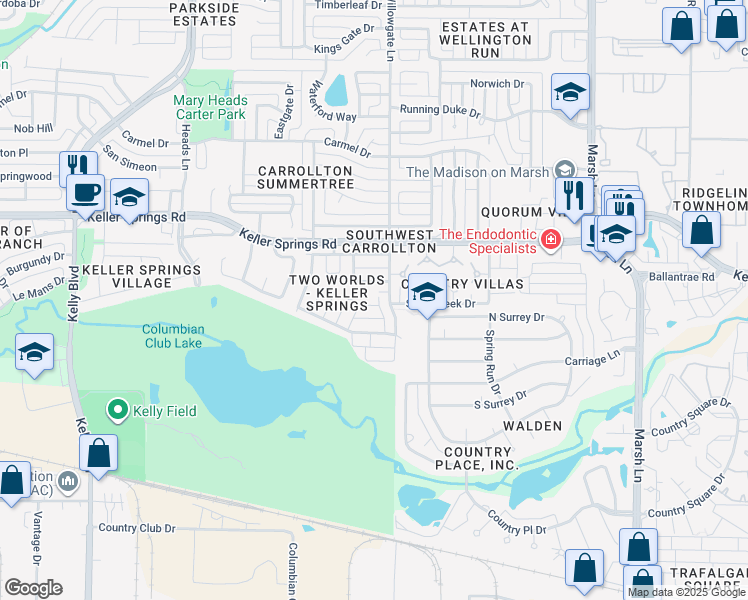 map of restaurants, bars, coffee shops, grocery stores, and more near 2643 Via Sonoma in Carrollton