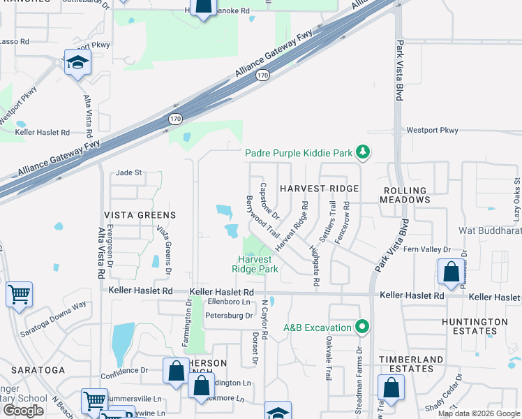 map of restaurants, bars, coffee shops, grocery stores, and more near 13220 Berrywood Trail in Fort Worth