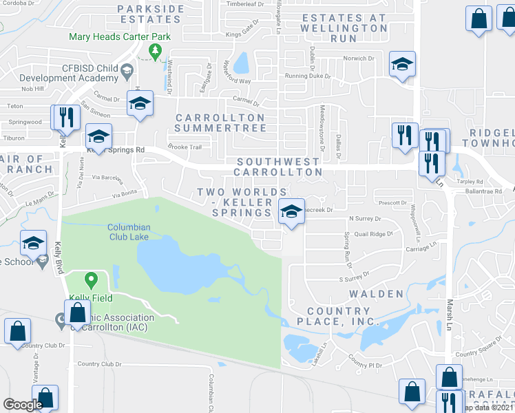 map of restaurants, bars, coffee shops, grocery stores, and more near 2643 Via Sonoma in Carrollton