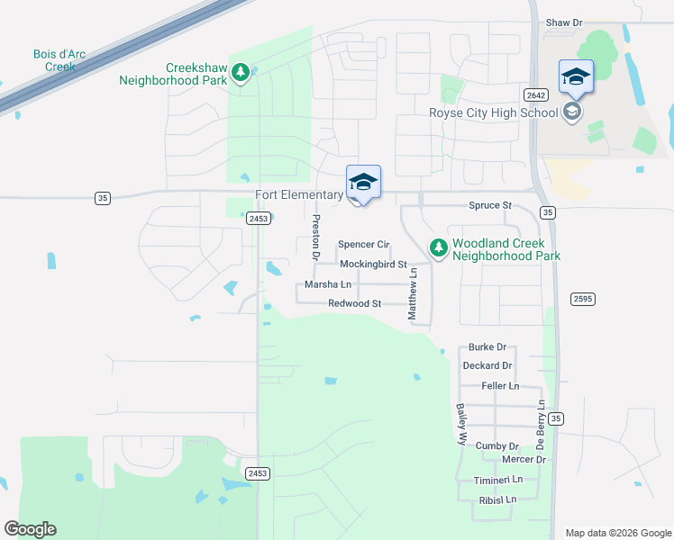 map of restaurants, bars, coffee shops, grocery stores, and more near 804 Preston Drive in Royse City