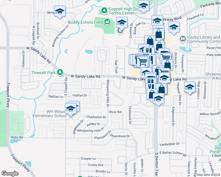 map of restaurants, bars, coffee shops, grocery stores, and more near 115 Whispering Hills Drive in Coppell