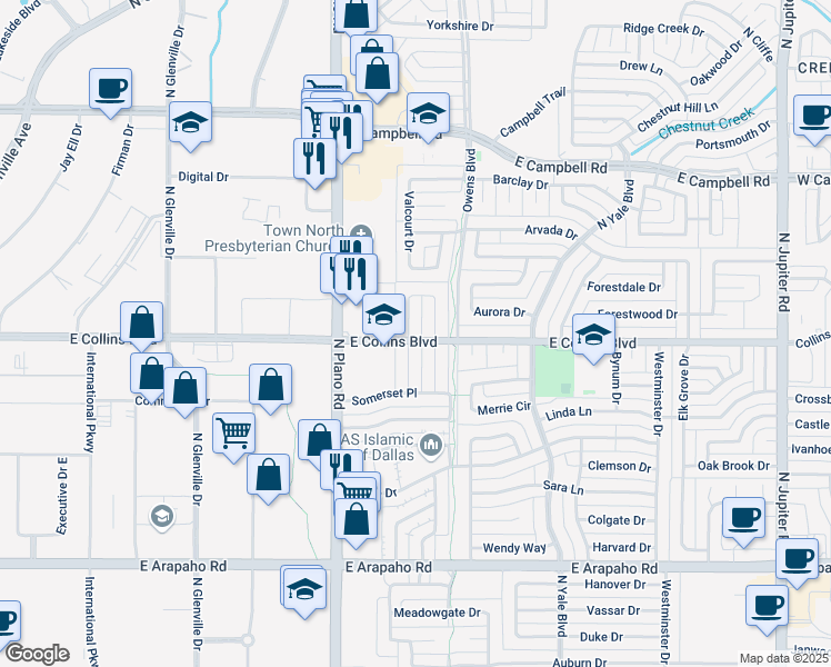 map of restaurants, bars, coffee shops, grocery stores, and more near 1605 Versailles Drive in Richardson