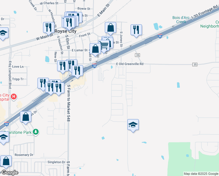 map of restaurants, bars, coffee shops, grocery stores, and more near 928 Cemetery Road in Royse City
