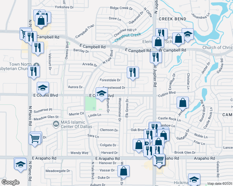 map of restaurants, bars, coffee shops, grocery stores, and more near 1912 Forestwood Drive in Richardson