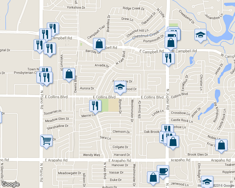 map of restaurants, bars, coffee shops, grocery stores, and more near 1905 East Collins Boulevard in Richardson