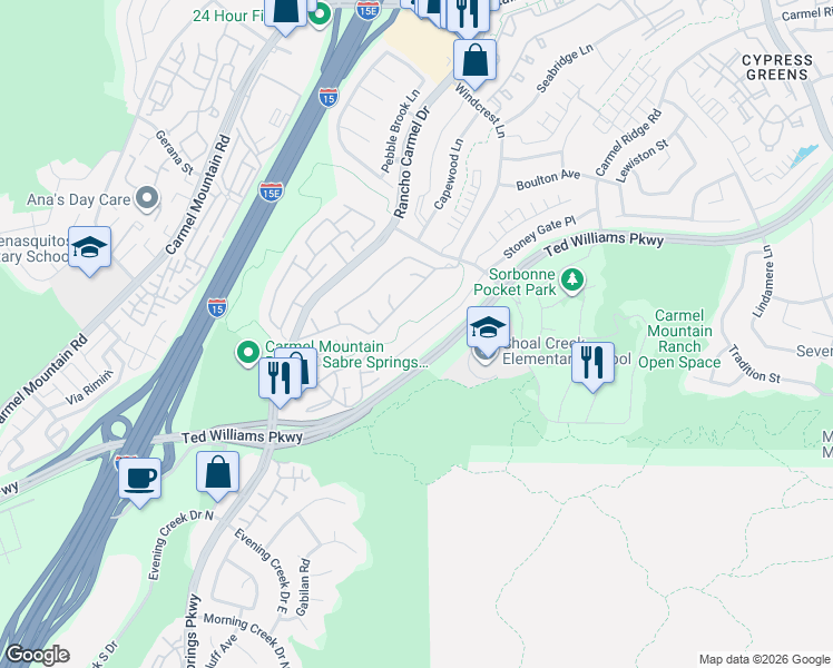 map of restaurants, bars, coffee shops, grocery stores, and more near 13840 Stoney Gate Place in San Diego