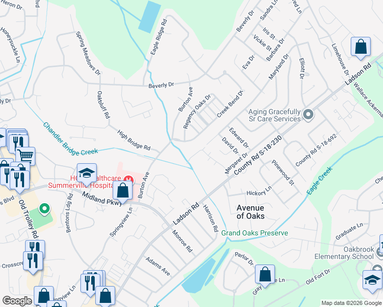 map of restaurants, bars, coffee shops, grocery stores, and more near 24 Creek Bend Drive in Summerville