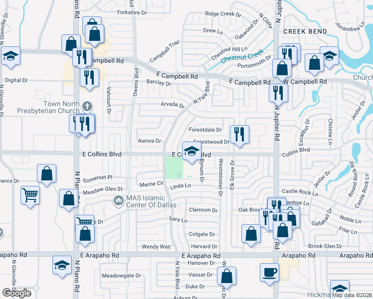 map of restaurants, bars, coffee shops, grocery stores, and more near 1901 Forestwood Drive in Richardson