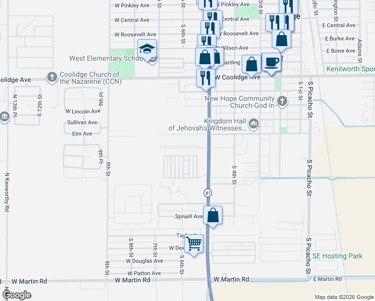 map of restaurants, bars, coffee shops, grocery stores, and more near 606 West Verde Lane in Coolidge