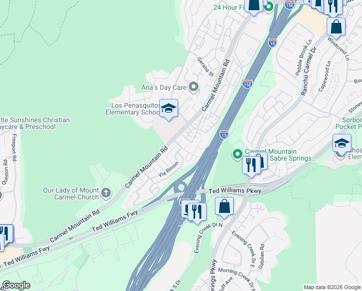 map of restaurants, bars, coffee shops, grocery stores, and more near 11026 Via San Marco in San Diego